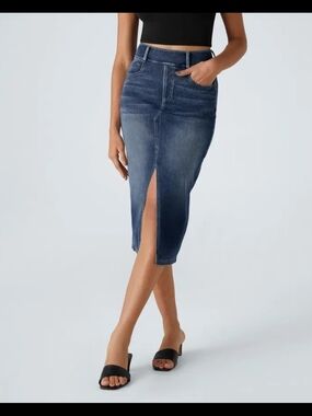 Halara Flex High Waisted Pockets Bodycon Washed Denim Midi Skirt Sz Small #074